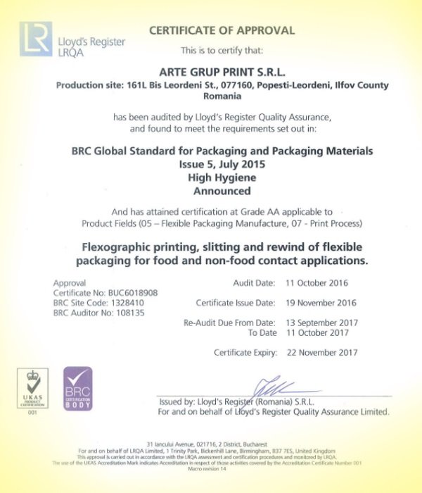 Certificari ArteGrup | printare etichete in rola | printare ambalaje